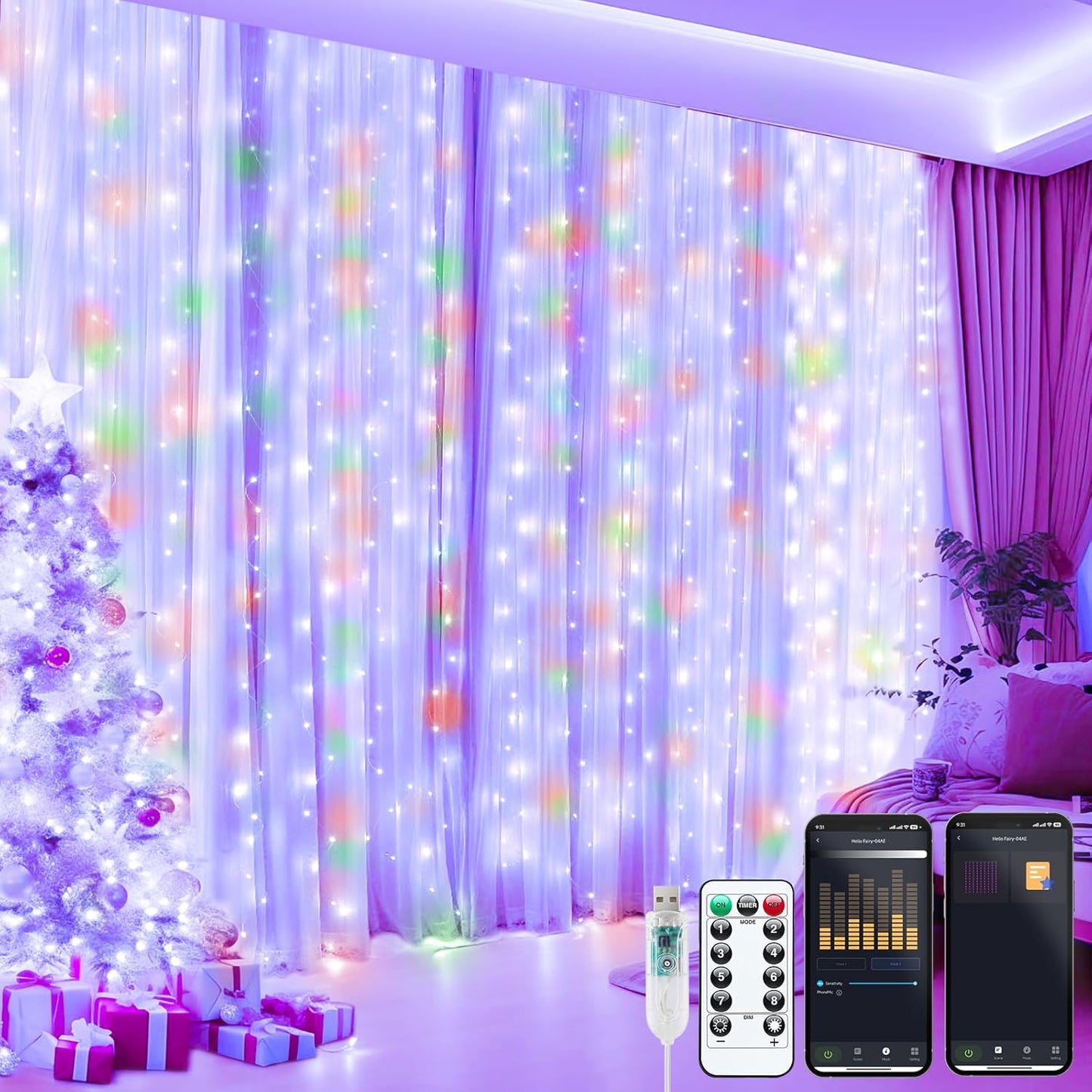 Brightown Smart Curtain String Lights - 9.8ft 300 LED Fairy Lights with APP Remote, 8 Modes, USB Powered Waterproof Christmas Hanging Lights for Bedroom Wedding Party, Multicolor