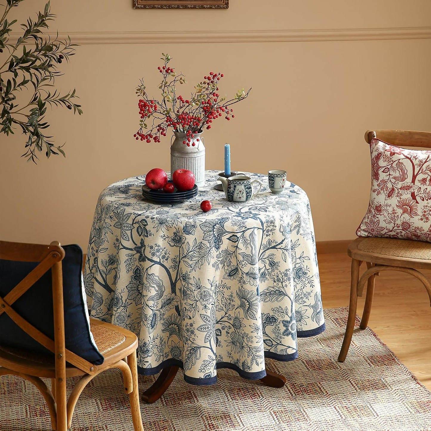 ISAENNE Designer French Linen Round Tablecloth,Blue Floral Washable Indoor Table Cloth,Durable Home Decor Tablecloths for Dining Thanksgiving Kitchen Party Christmas,Diameter 67"-Ruyi B