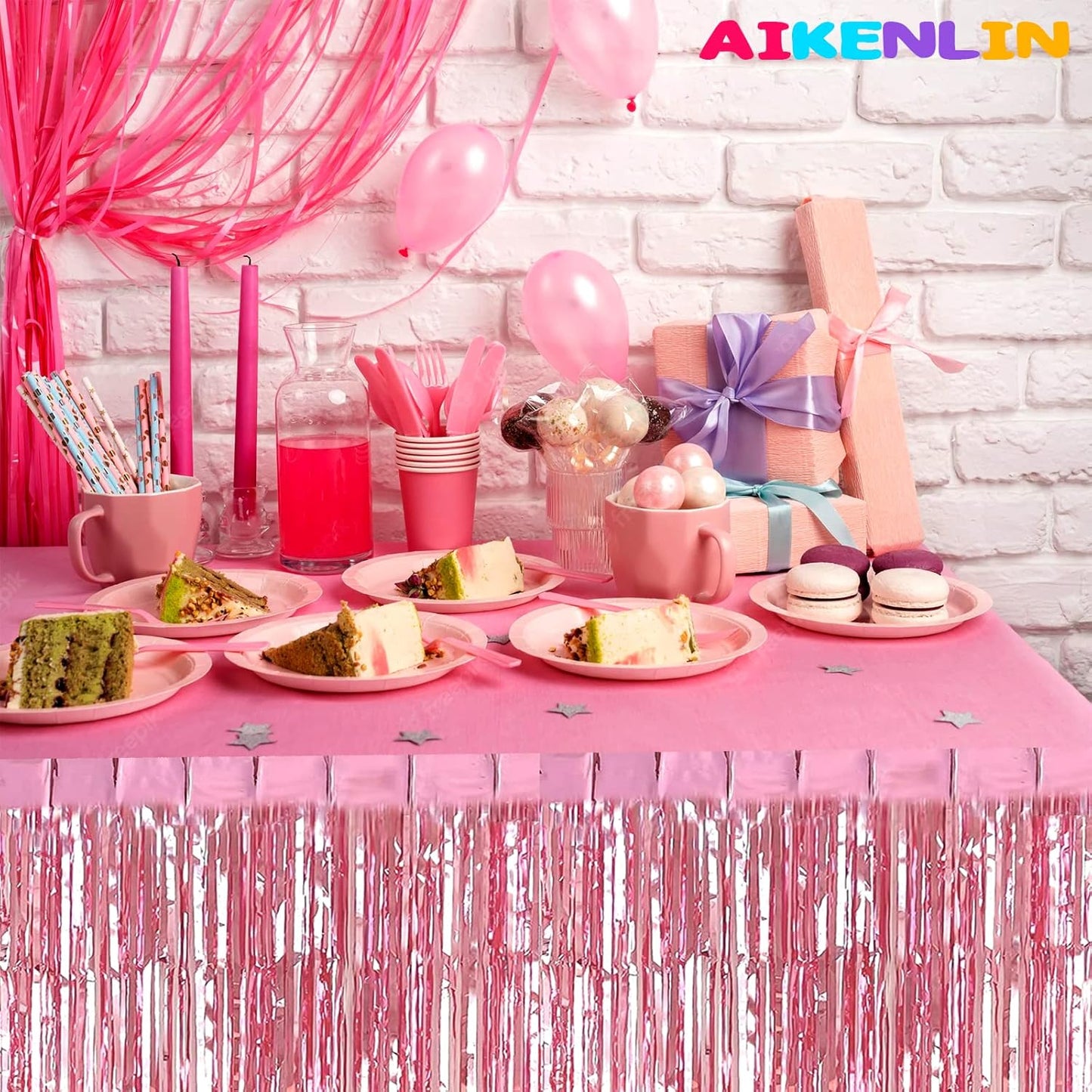 6 Pack 29x108 Inch Metallic Foil Fringe Tinsel Table Skirts Banner for Rectangle Tables Streamer Garland Curtains Backdrop for Wedding, Birthday, Parade Floats, Valentine's Day Party Decoration(Pink)