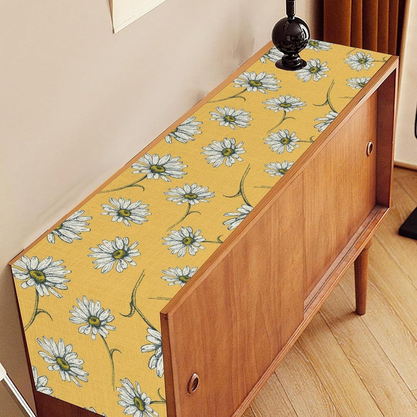 Farmhouse Floral Table Runner, Spring Seasonal Daisy Flower Retro Wooden Country Table Center Decor for Home Kitchen Dining Patio Holiday Party Indoor Outdoor Table Decorations, 13"x90" Inch