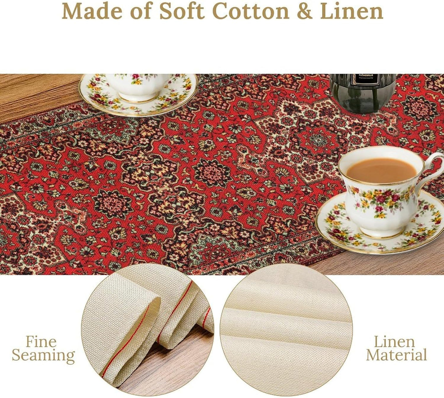 Vintage Boho Floral Table Runner, Rustic Country Farmhouse Red Black Retro Flower Pattern for Home Kitchen Table Decor Dining Coffee Room Party Decor 13x72in