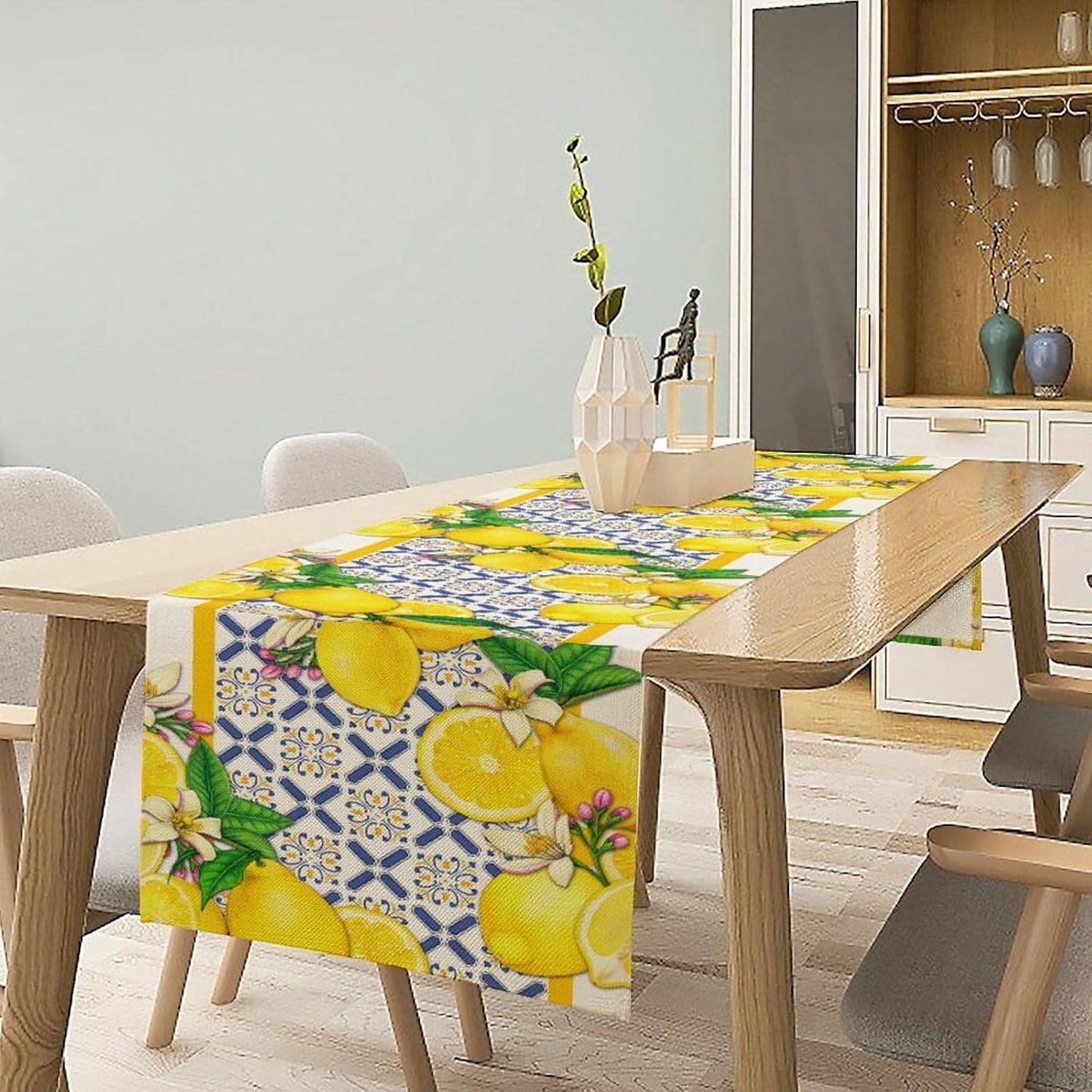 Lemon Table Runner,Spring Summer Seasonal Yellow Blue Table Runner for Kitchen Dining Table Home Party Decoration 13x90 Inch
