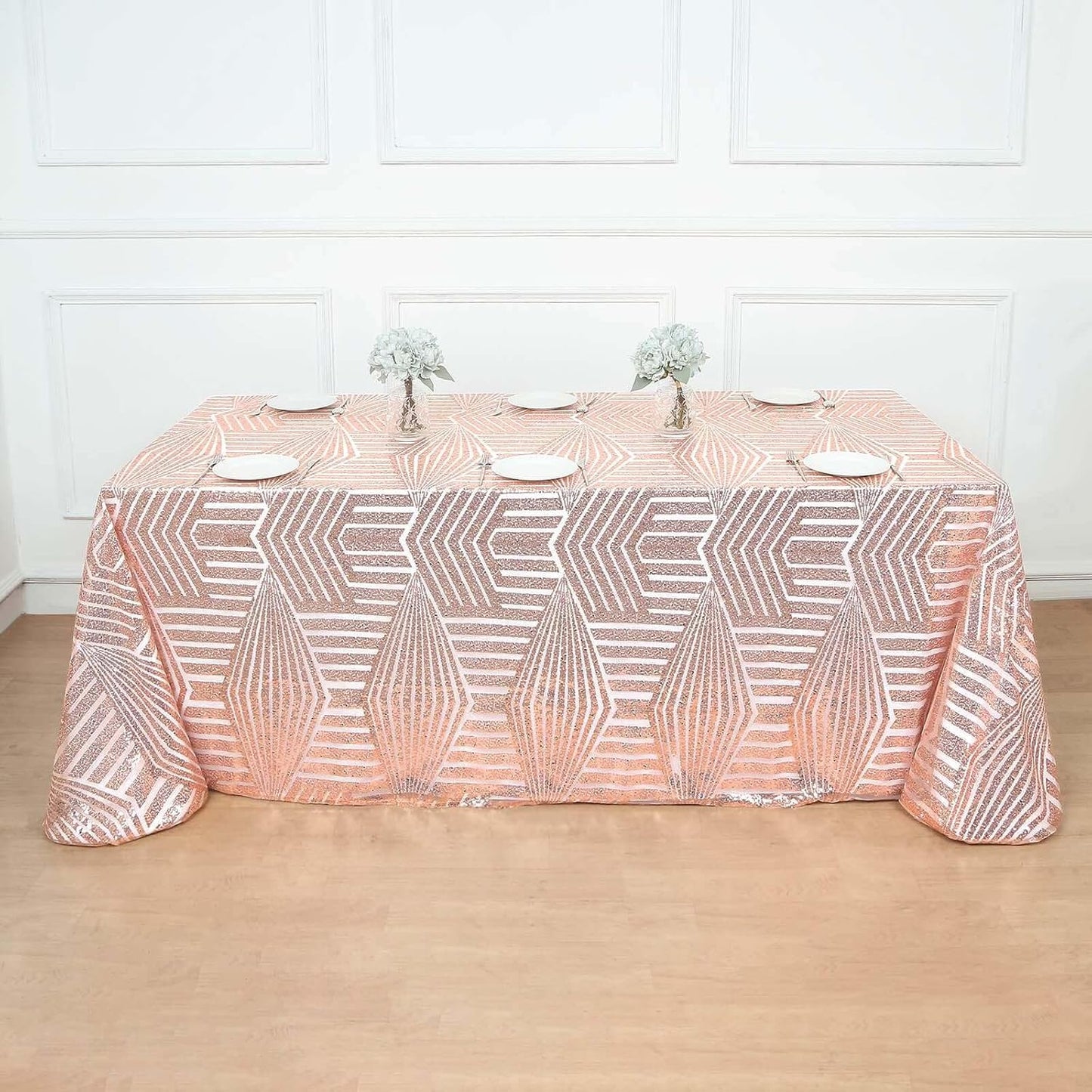 Efavormart 90"X132" Blush Rose Gold Sparkly Sequin Geometric Tulle Rectangular Tablecloth