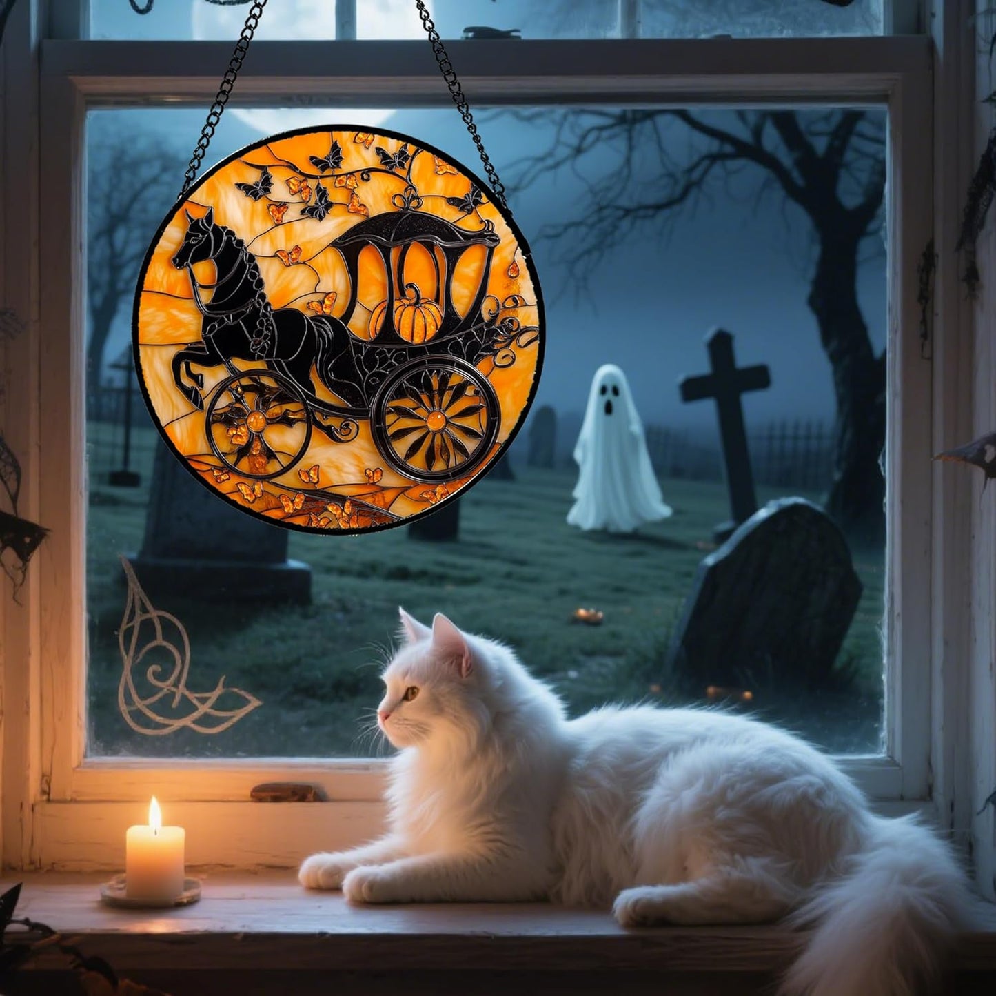 Stained Glass Window Hanging - Halloween Pumpkin Carriage Suncatcher for Doors Window Garden Indoor Spooky Funny Orange Sun Catchers Gothic Decor Horror Gifts for Women Men Friend 6.3 in