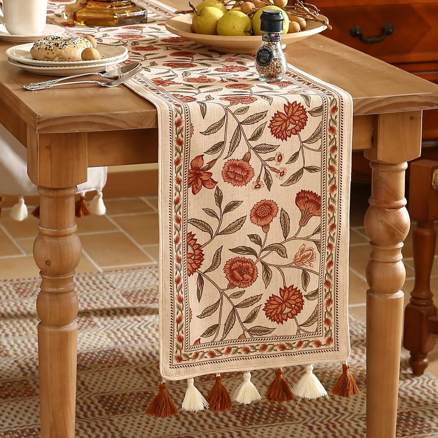 ISAENNE Designer Elegant Linen Table Runner 102 Inches Long,Vintage Orange Floral Pattern Table Runners for Dining Tables,Kitchen Decor,Thanksgiving,Christmas,Banquet,12"*102"-Alvarado A