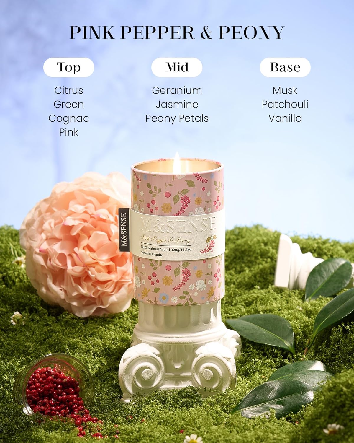 M&SENSE Pink Pepper Peony Scented Candle, Medium Jar Candle 11.3oz Natural Soy Wax for Home Scented, Floral Candles Gift for Spring Holiday, Up to 70 Hours Burning Long-Lasting Fragrance