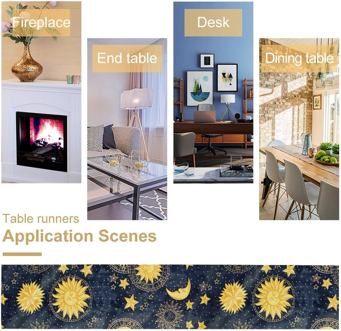 Sun Moon Table Runner, Boho Starry Sky Table Runners for Dinner Holiday Party Wedding Kitchen Golden Stars, 13x120 Inch