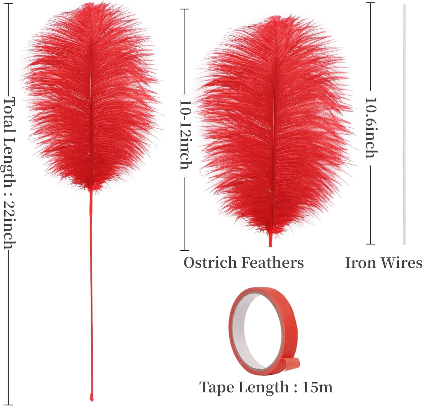 Holmgren Red Ostrich Feathers for Vase - 20pcs Making Kit 22 Inch Long Ostrich Feathers for Vase, Floral Arrangement, Wedding Party Centerpieces Home Decorations (Red)