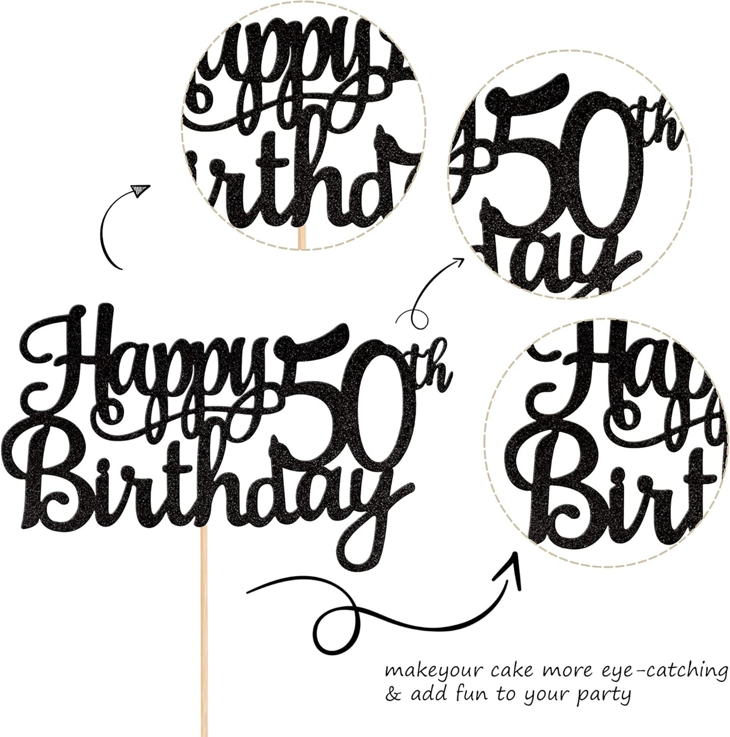 1 PCS Happy 50th Birthday Cake Topper Glitter Cheers to 50 Years Birthday Cake Pick 50 Fabulous Cake Decoration for Happy 50th Birthday Anniversary Party Decorations Supplies Black