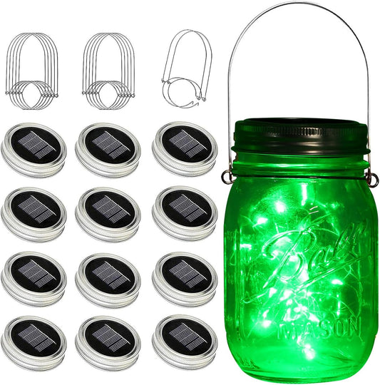 ZNYCYE Solar Mason Jar Lights, 12 Pack 30 LED Fairy Firefly Mason Jar Lids Outdoor Waterproof String Lights with Hangers(NO Jars) for Regular Mouth Jars Patio Garden Yard Wedding Decoration - Green