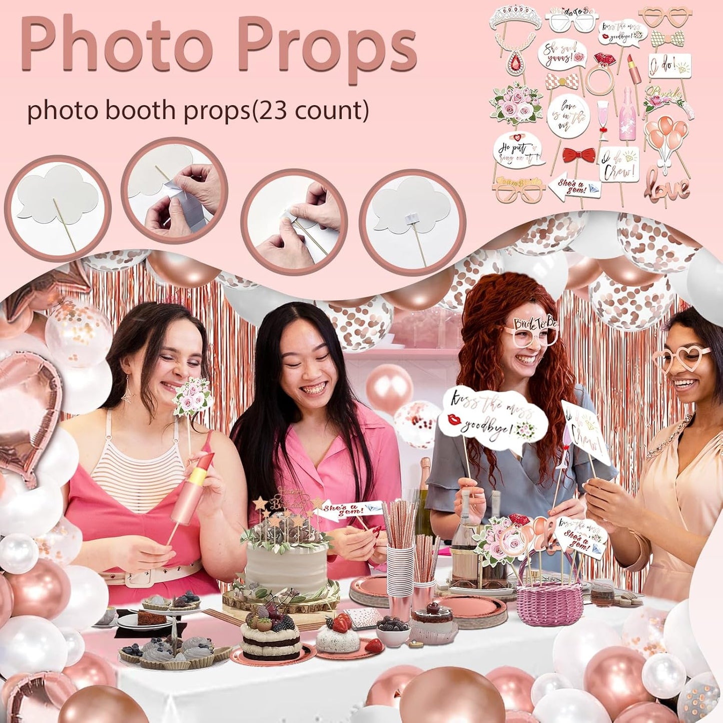 274 Pcs Rose Gold Bridal Shower Decorations, Bachelorette Party Decorations Favors - "BRIDE TO BE" Banner, Veil, Balloon, Photo Props, Tableware with Rose Gold for 25 Guests