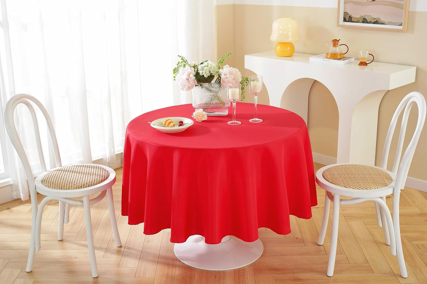Craft And Party Round Tablecloth, 108 Inch Red Tablecloth, Polyester Fabric Washable Table Cloth for Home, Party, Wedding or Restaurant Use.