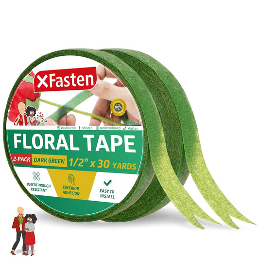 XFasten Wide Floral Tapes for Bouquet 1/2-Inch x 30 Yards - Dark Green (2-Pack) Bouquet Stem Wrap Tape for Florist – Waterproof Boutineer Tape for Flower Stem Wrap and Craft Adhesive