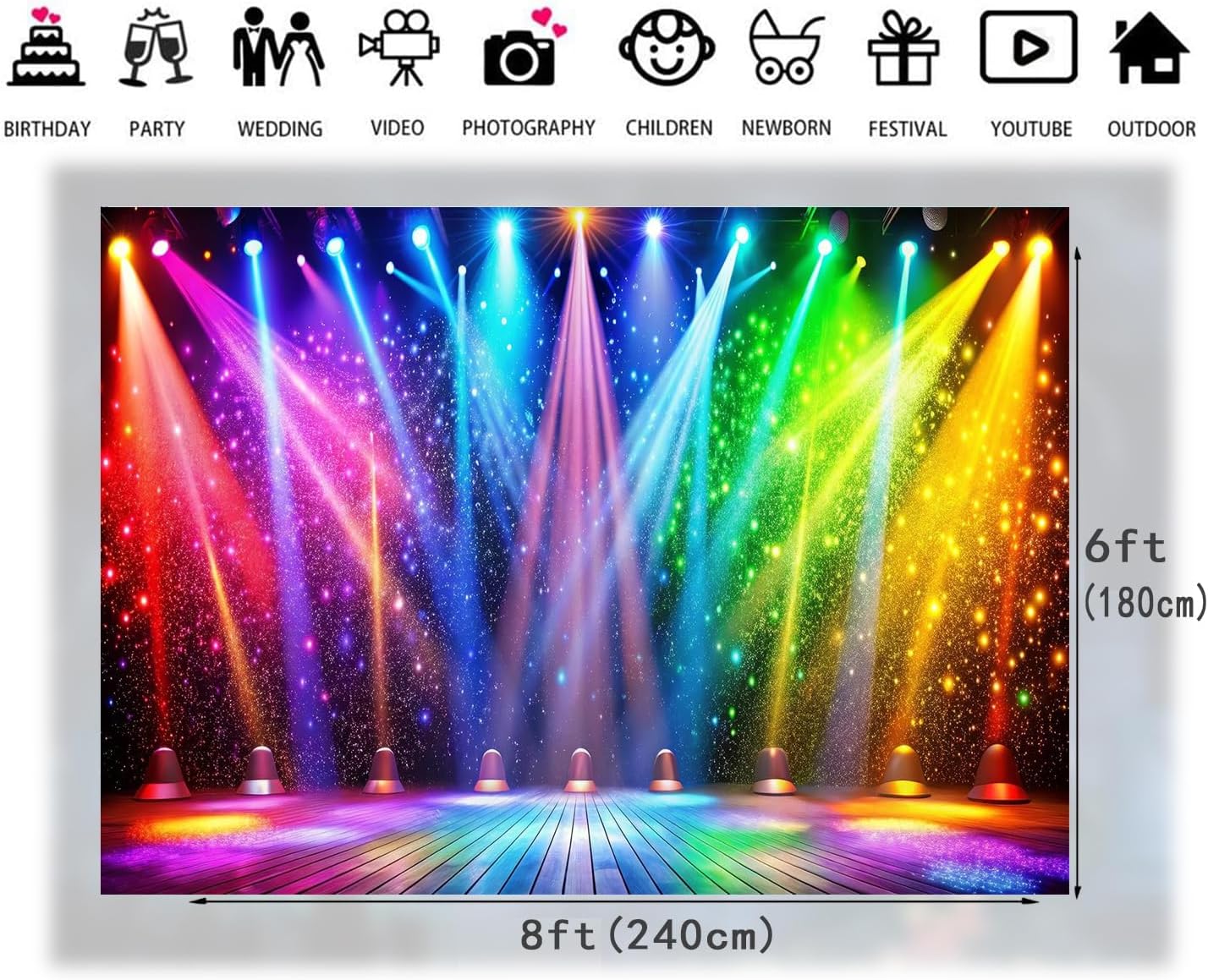 LTLYH 8x6ft Fabric Disco Rainbow Stage 70s 80s 90s Backdrop Vintage Lights Photography Background Rock Music Club Neon Glow Party Decorations Photo Banner 312