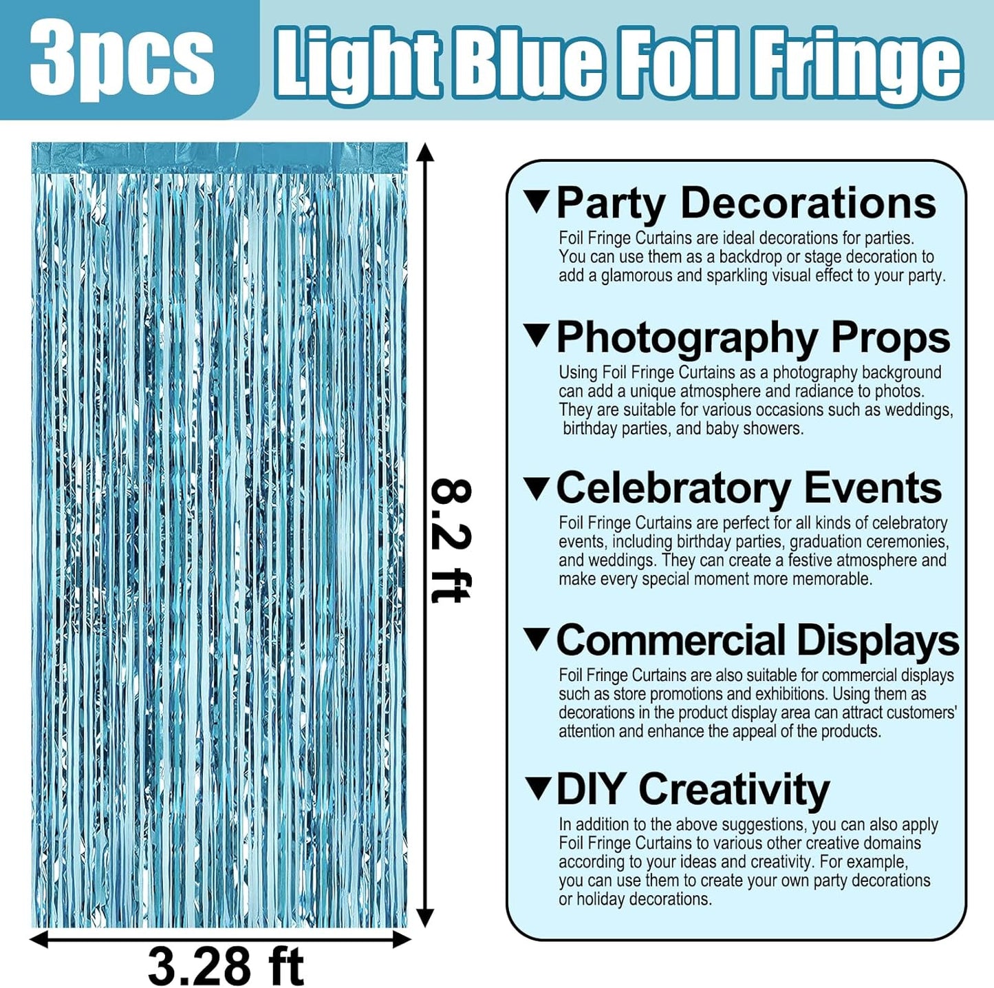 3 Pack Light Blue Foil Fringe Curtain Backdrop, 3.28Ft x 8.2Ft Metallic Tinsel Foil Fringe Streamer Curtains for Photo Booth, Christmas Day, Thanksgiving, Wedding, New Year Party Decorations