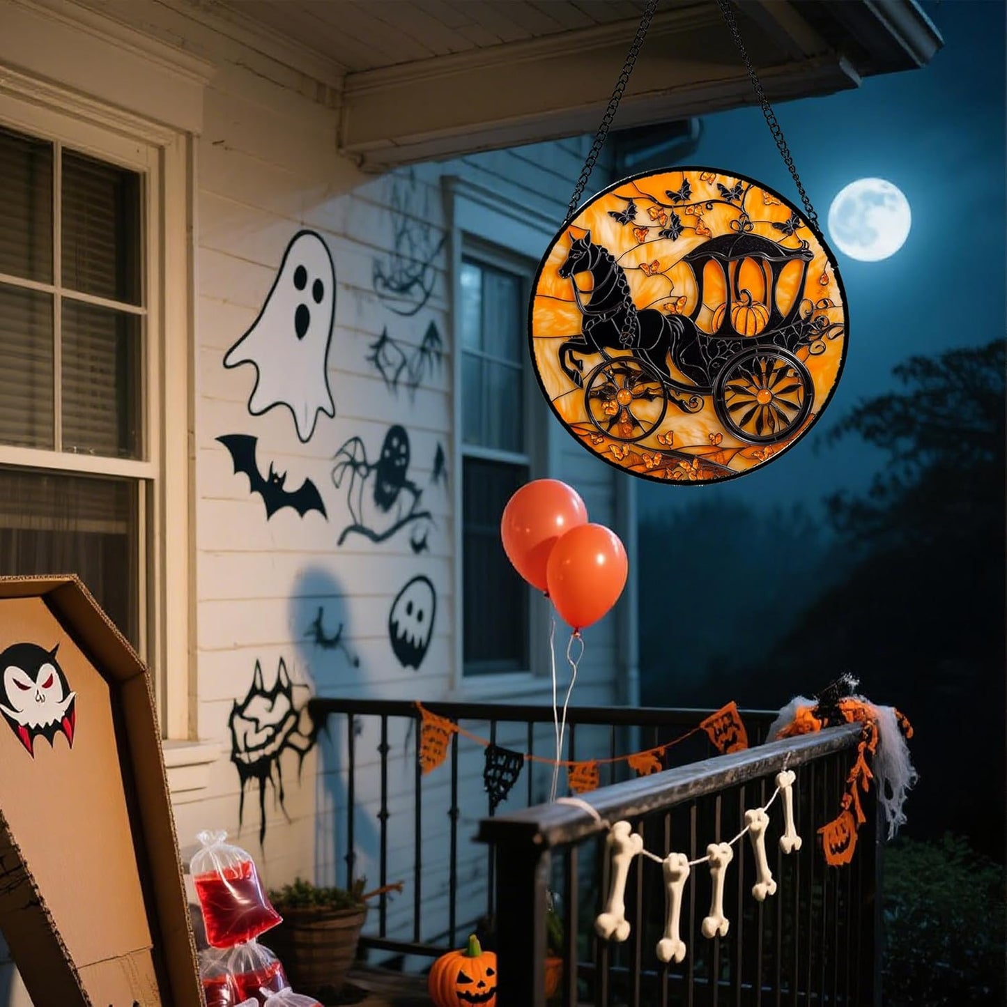 Stained Glass Window Hanging - Halloween Pumpkin Carriage Suncatcher for Doors Window Garden Indoor Spooky Funny Orange Sun Catchers Gothic Decor Horror Gifts for Women Men Friend 15 in