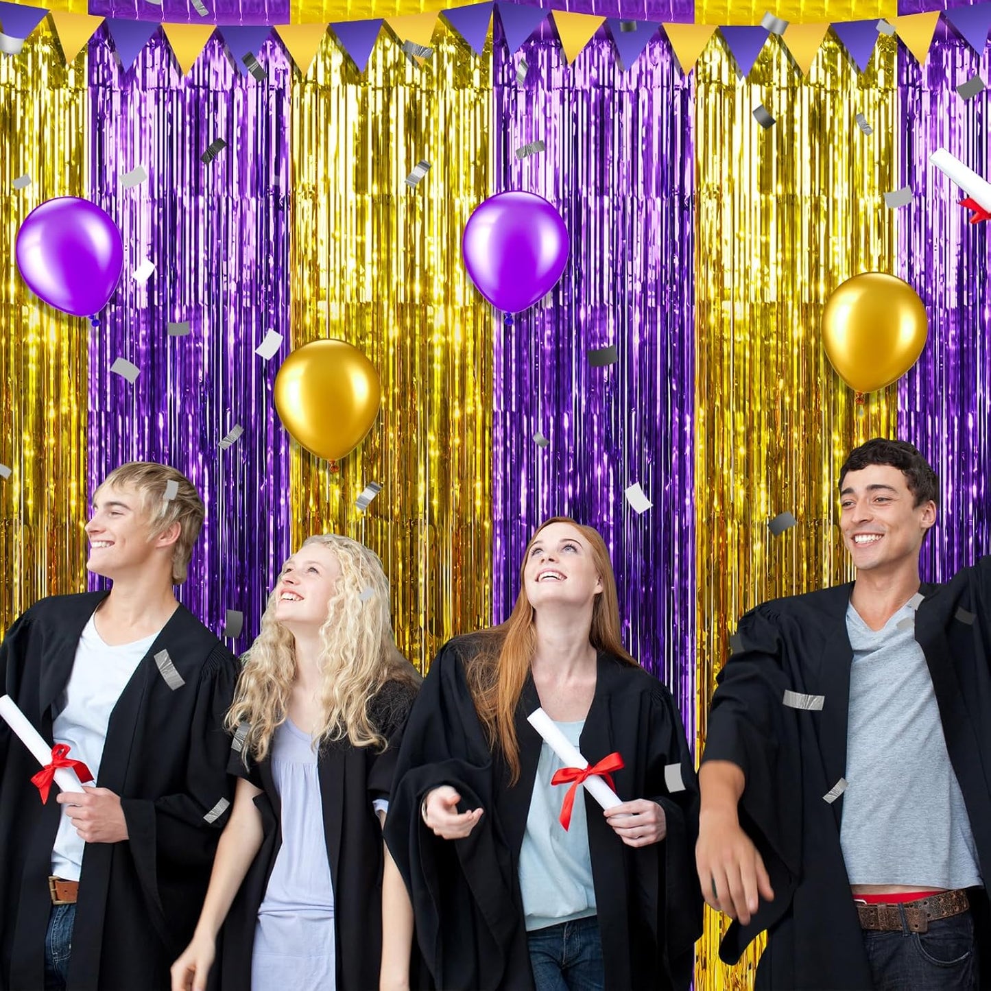 3Pack 3.3Ft x 6.6Ft Graduation Foil Fringe Curtain Backdrop Decorations, Purple Gold Metallic Tinsel Foil Streamers Curtain Photo Booth Background for Graduation Prom Wedding Birthday Party Decoration