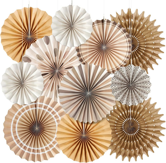 Boho Hanging Paper Fans White Brown Champagne Party Decorations Neutral Rustic Paper Fans Classroom Decoration for Baby Shower Birthday Wedding Bridal Party
