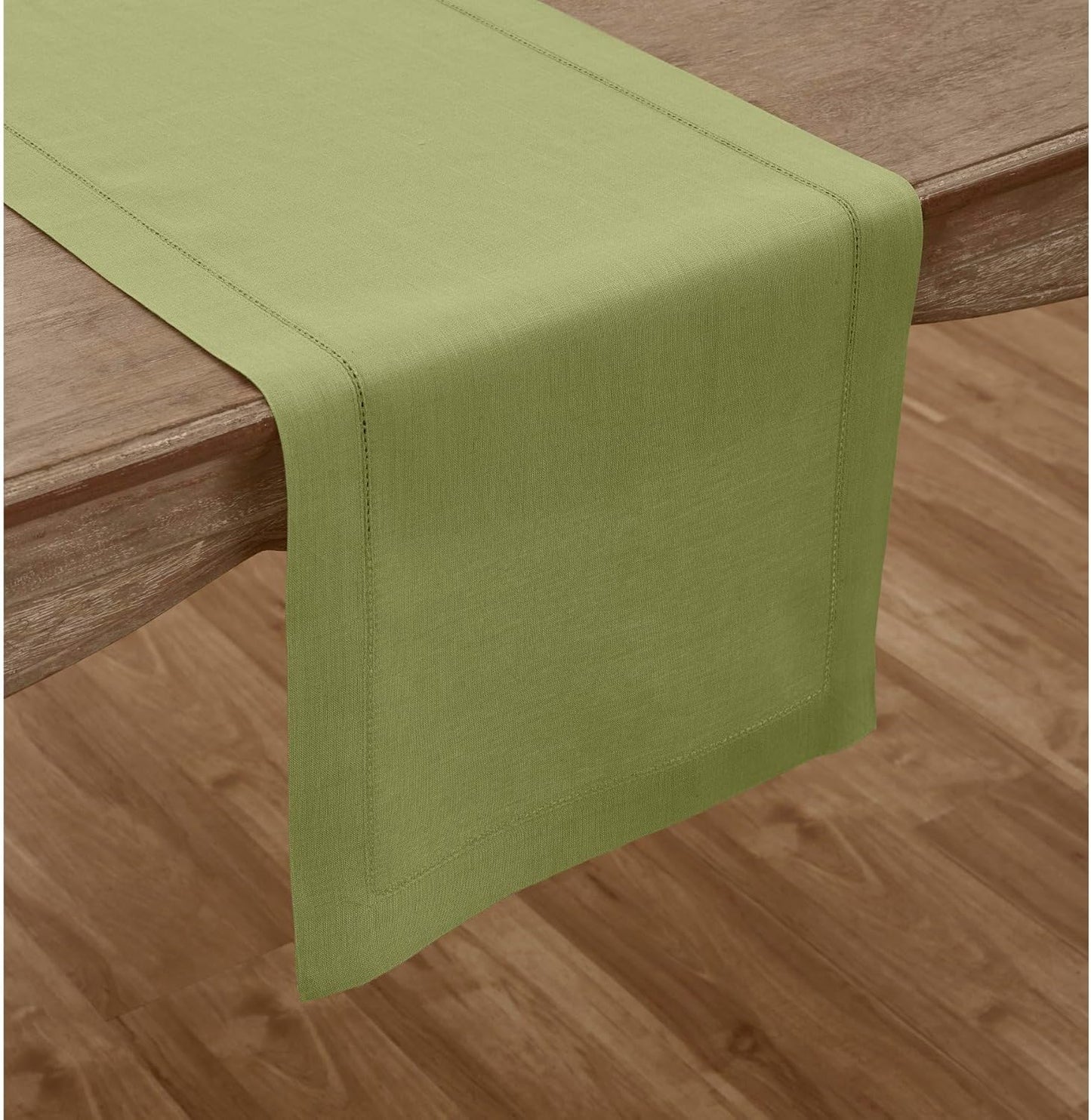 Solino Home Linen Moss Green Hemstitch Table Runner 60 Inches - 100% Pure Linen Small Table Runner 14 x 60 Inch Ideal for Dresser and Coffee Tables - Classic Hemstitch - Fall, Halloween, Thanksgiving