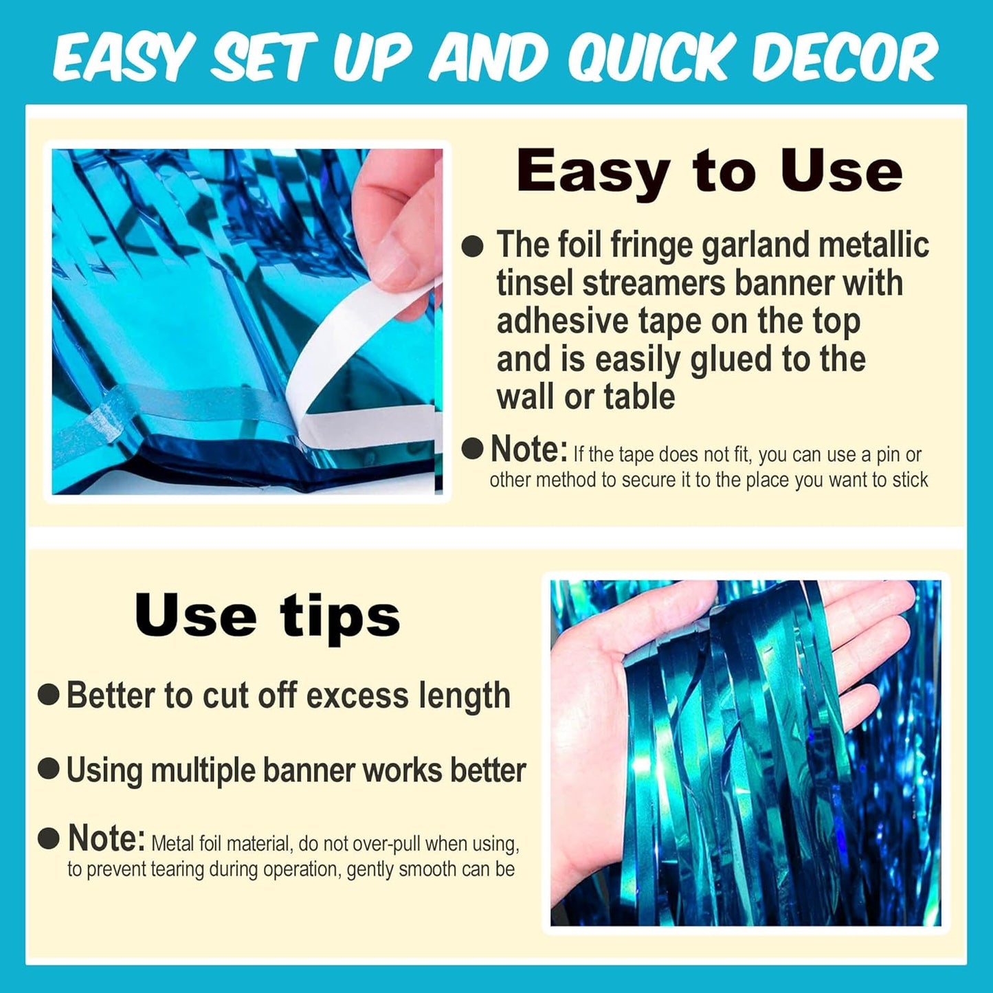 4 Pack 10 Ft Lake Blue Foil Fringe Garland Metallic Streamers Tinsel Banner Wall Hanging Garland Backdrop for Parade Floats, Halloween, Christmas, Thanksgiving, New Year Party Decorations