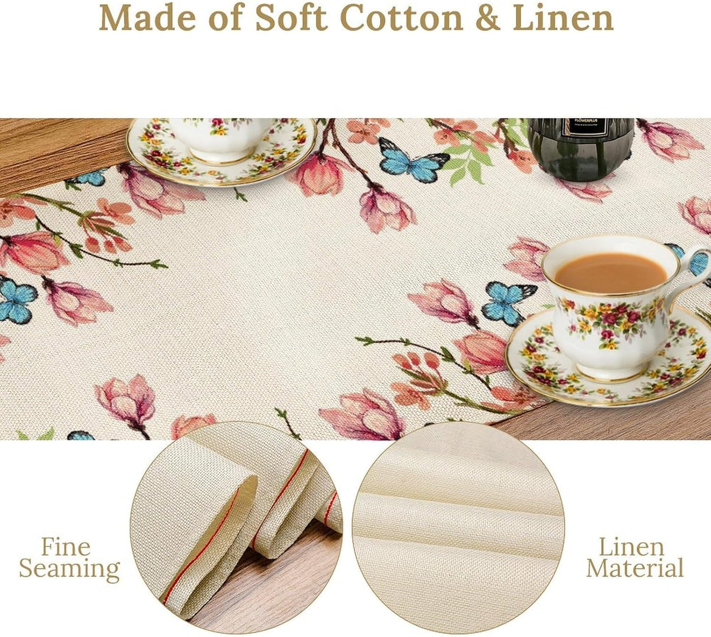 Flowers Table Runner,Floral Bird Butterfly Spring Table Cloth Kitchen Dining Table Home Party Decoration 13x60 Inch