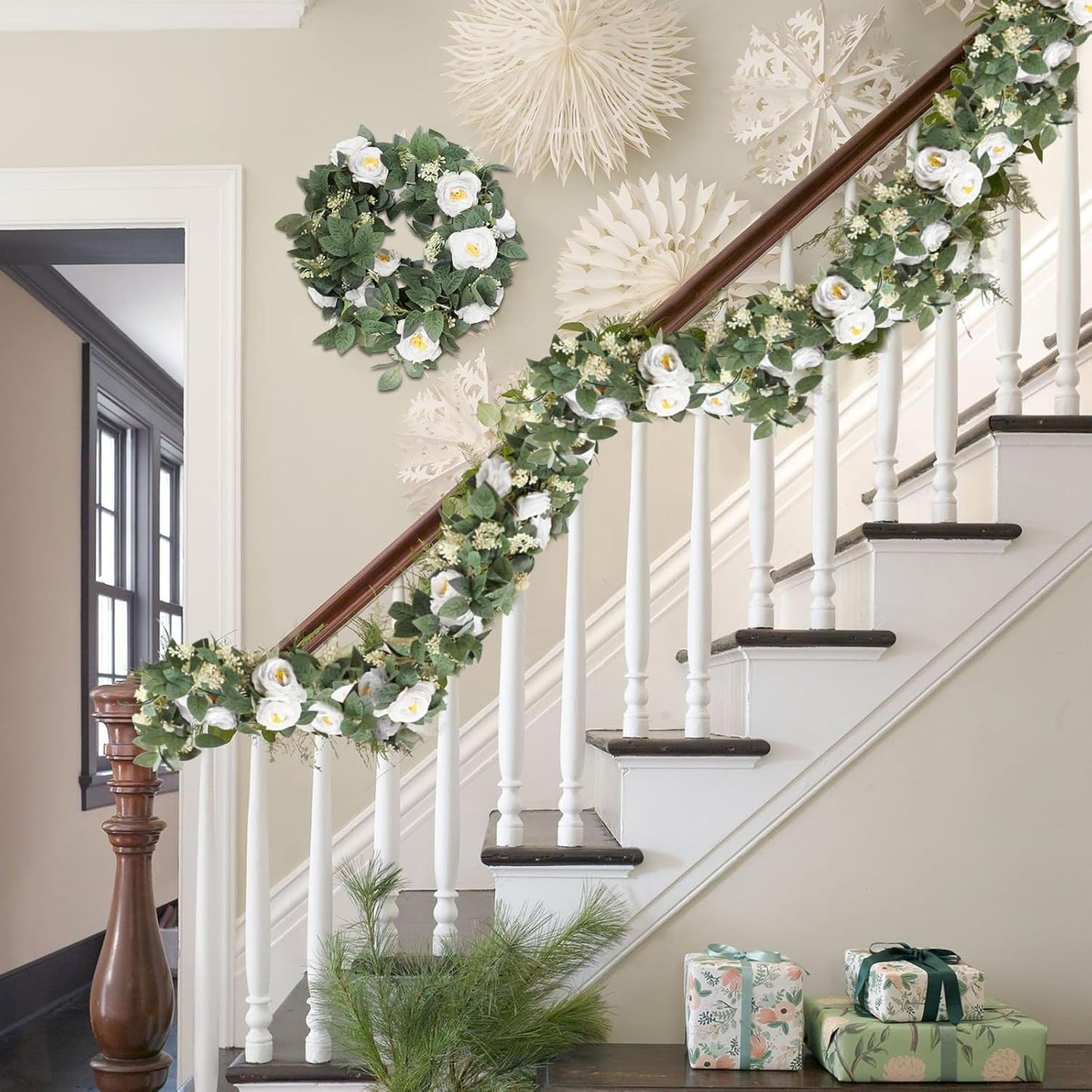 Uguisu 2 Pieces Artificial Eucalyptus Garland, 5.9 Feet Artificial Greenery, Spring Garland - for Wedding Decor, Parties, fireplaces, Tables, Indoor and Outdoor Decor. White