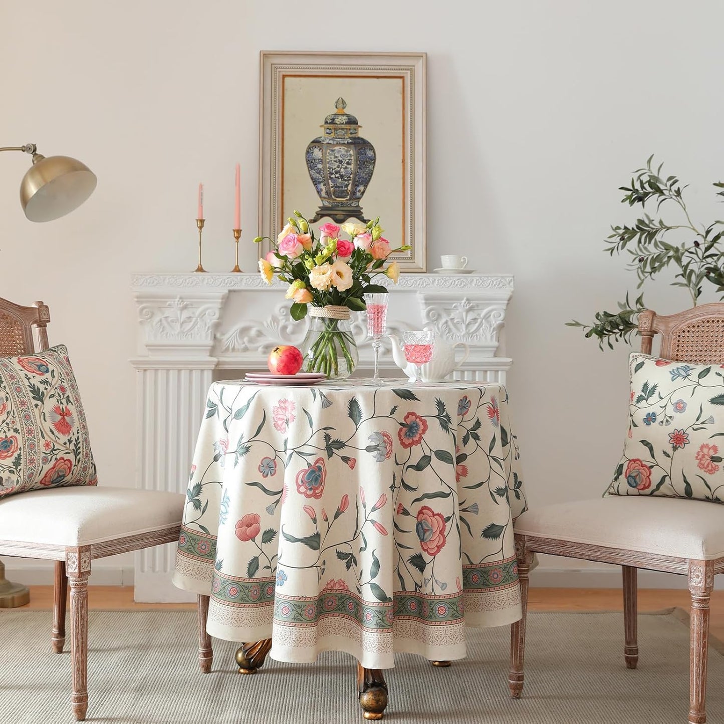 ISAENNE Designer Chinoiserie Linen Floral Small Round Tablecloth,White Wrinkle Resistant Table Cloth,Elegant Decor Tablecloths for Dining Thanksgiving Kitchen Christmas,Diameter 55"-Daffy