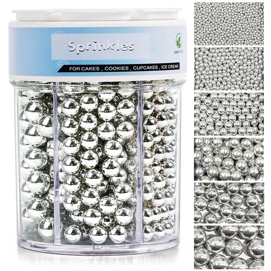 Sprinkles for Cake Decorating, 11Oz 6 Sizes Mix Silver Pearl Sprinkles for Cake Cupcake Ice Cream Donuts Cookie Baking Toppings
