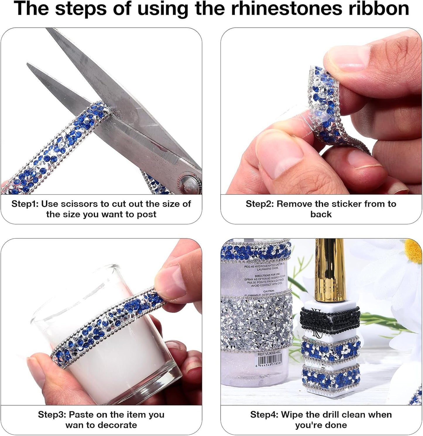 Self Adhesive Rhinestone Ribbon Diamond Ribbon Sticker Crystal Roll Glitter Bling Rhinestones Tape for Crafting DIY Art Decoration (Silver and Blue, 0.4 Inches*3 Yards)