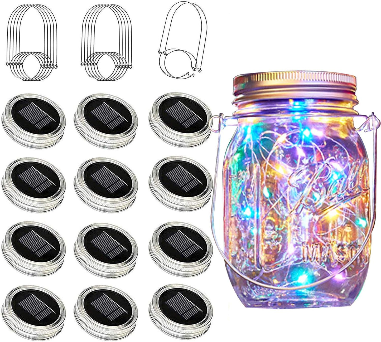 Solar Mason Jar Lights, 12 Pack 30 LED Waterproof Lid Light with Hangers (No Jar), Fairy Firefly Outdoor String Lights for Regular Mason Jar, Patio, Yard, Garden, Wedding Decoration (4 Colors)