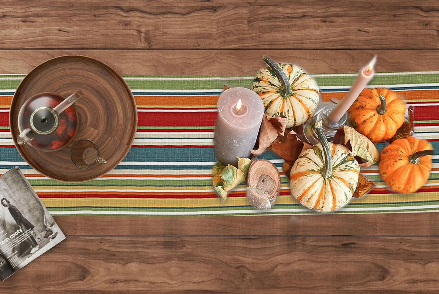 Ruvanti 100% Cotton Table Runner 60 Inches Long, Non-Slip, Stain Resistant, Washable & Reusable Table Runners Perfect for Wedding, Parties, Christmas, Holiday, in-Door use - Multi Stripe