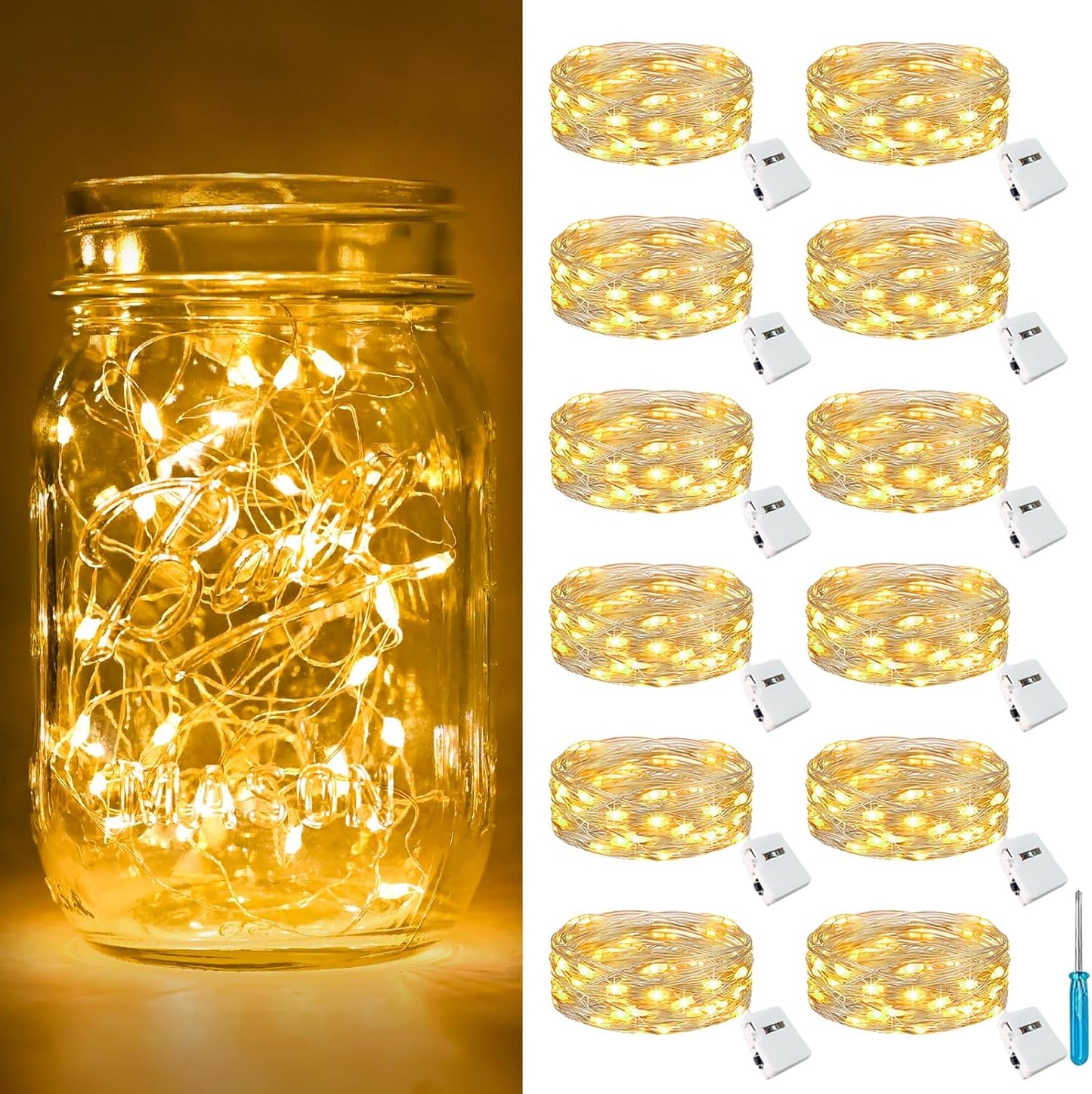 btfarm 12 Pack Fairy Lights Battery Operated [3 Modes], 7ft 20 Led Twinkle Lights String Lights Waterproof Bulk Small Mini Silver Wire for Mason Jars Vases Wedding Table Centerpiece, Warm White