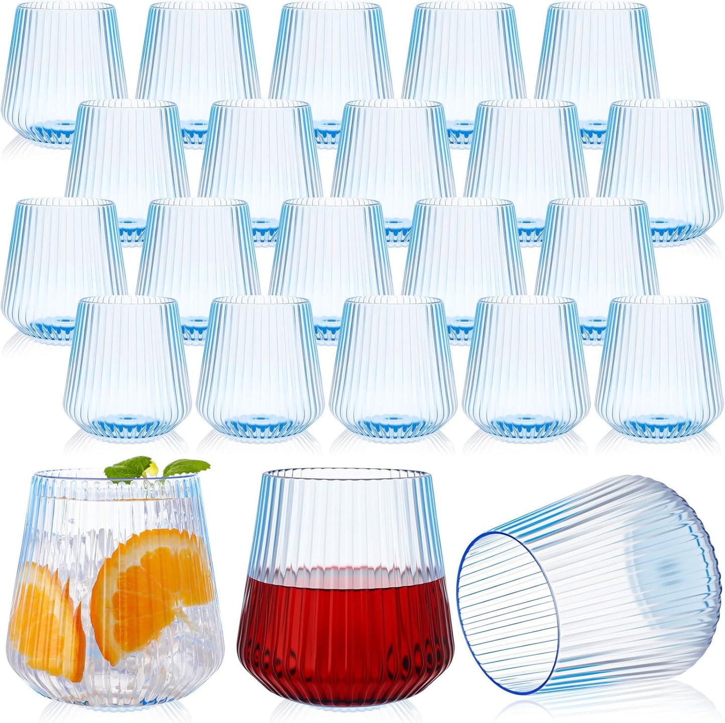 Suclain Plastic Wine Glasses Ribbed Stemless Wine Glasses 14oz Vertical Design Unbreakable Cups for Outdoor Indoor Vintage Elegant Champagne Whiskey Cups for Party Wedding (Blue,20 Pcs)