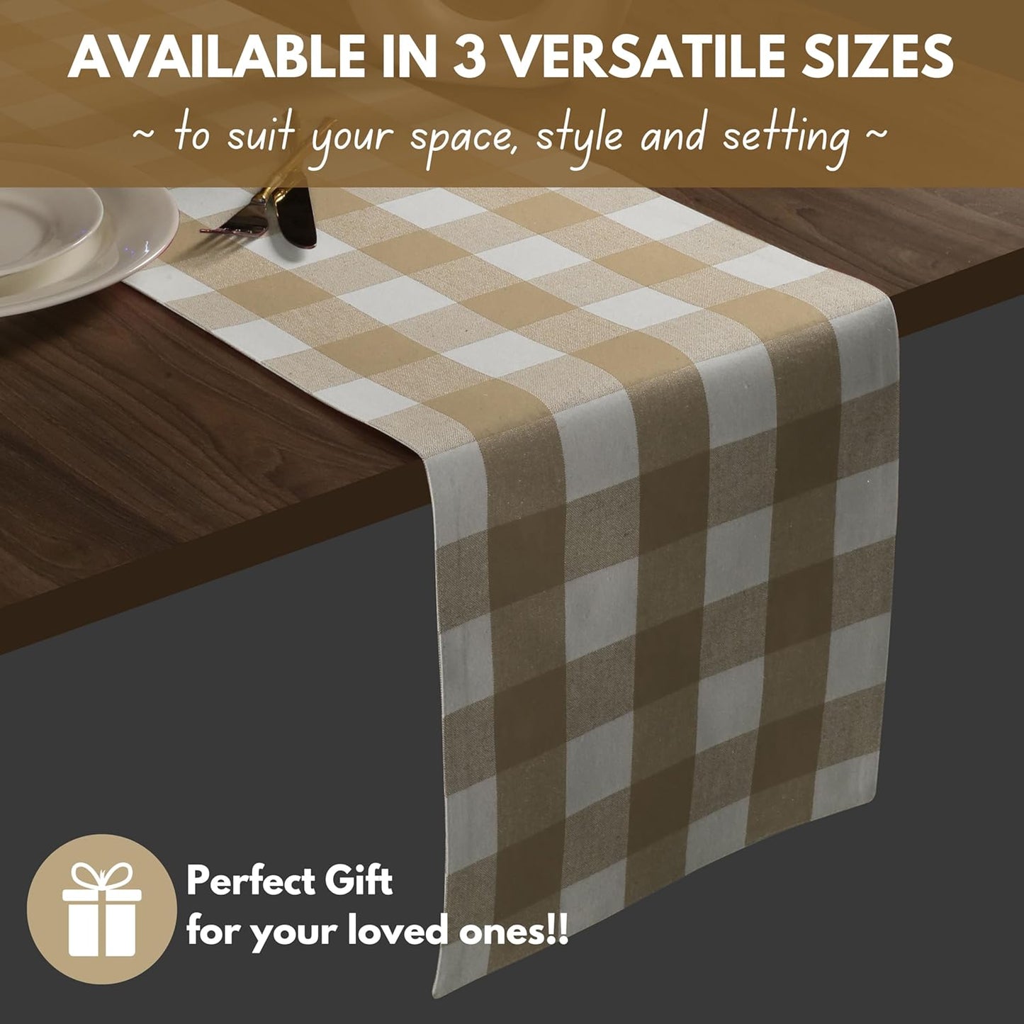 Native Fab Table Runner Buffalo Check Plaid 100% Cotton - 13x90 Inches Kitchen Dining Table Decoration for Indoor Outdoor Farmhouse Home Party Decor - Beige and White