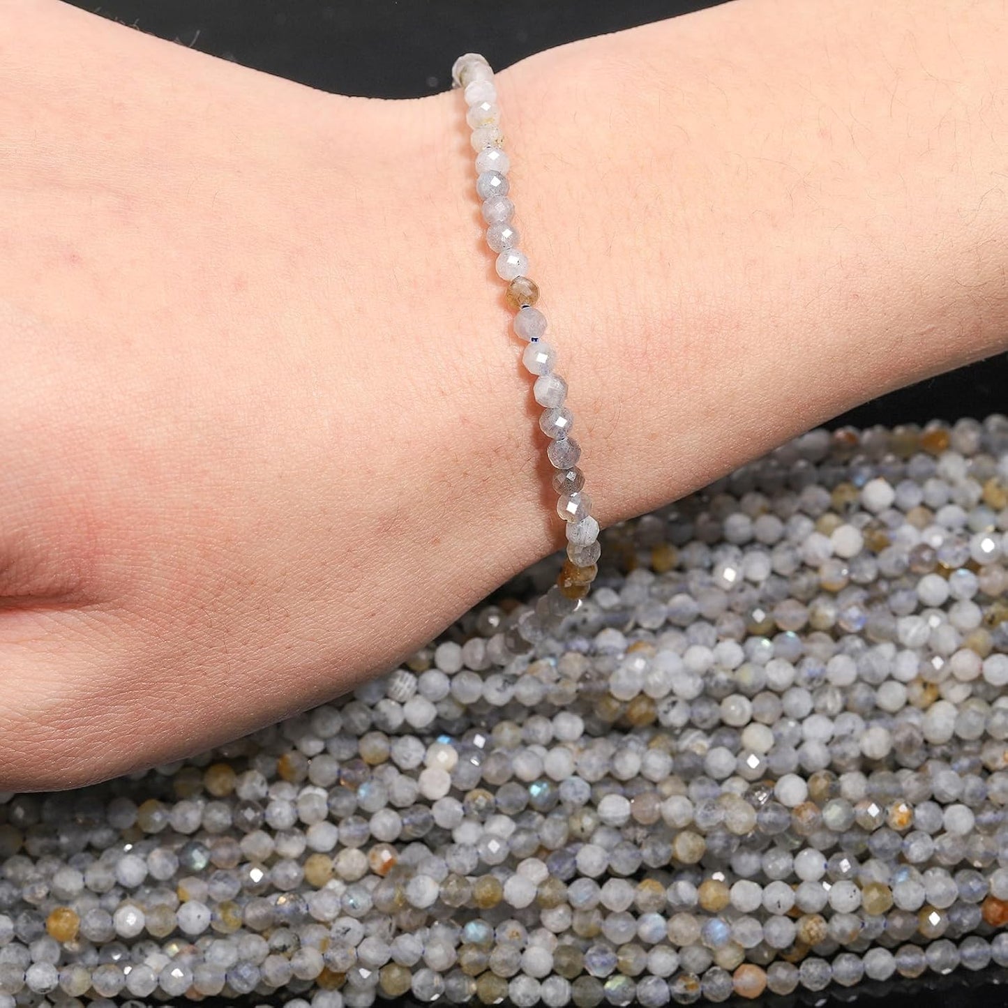 Song Xi 90pcs 4mm Natural Gray Labradorite Gemstone Beads Faceted Round Loose Stone Beads for Jewelry Making