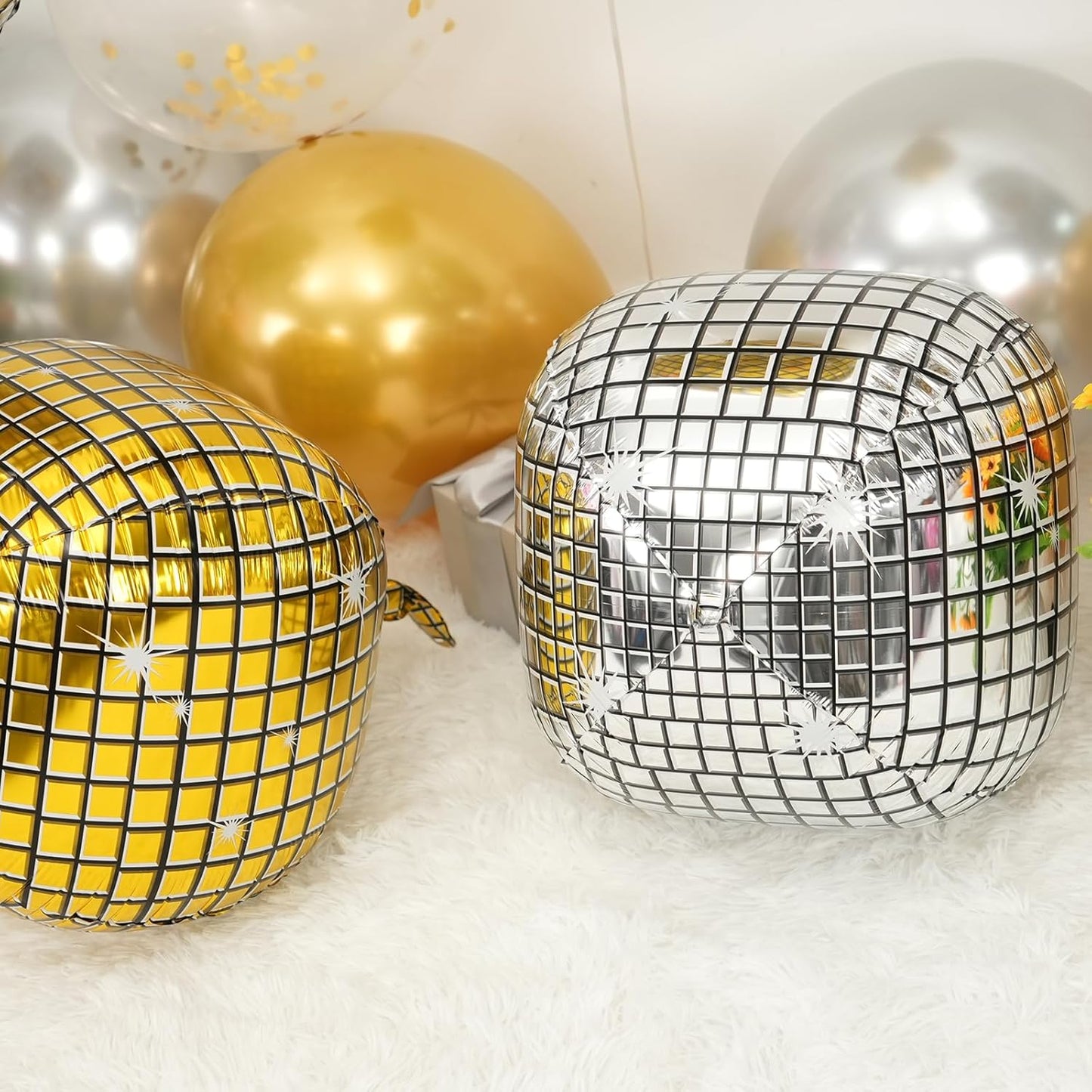 Disco Ball Balloons Gold Silver 4PC,Foil Disco Balloons 22 Inch 4D Round Metallic Gold Silver Balloon for 70s 80s Birthday Bachelorette Graduation Decorations