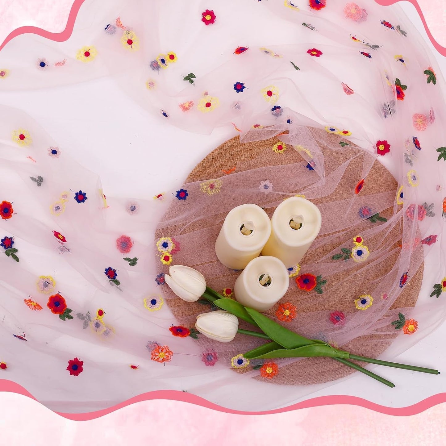 3PCS Pink Floral Table Runner 10 FT, Embroidery Daisy Table Runners Seasonal Sheer Tulle Table Runner for Thanksgiving Wedding Birthday Baby Shower Party