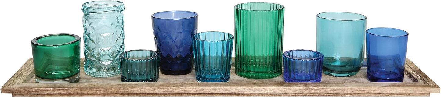 Creative Co-Op Wood Tray with 9 Blue & Green Glass Votive Holders