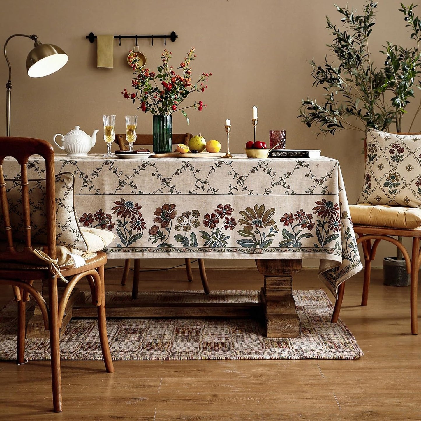 patdrea Designer Linen French Tablecloth for Rectangle Table,Fall Country Breathable Floral Tablecloths,Table Cover for Kitchen Dining,Tea Party,Christmas,Thanksgiving,55"x79"-Oliveirad