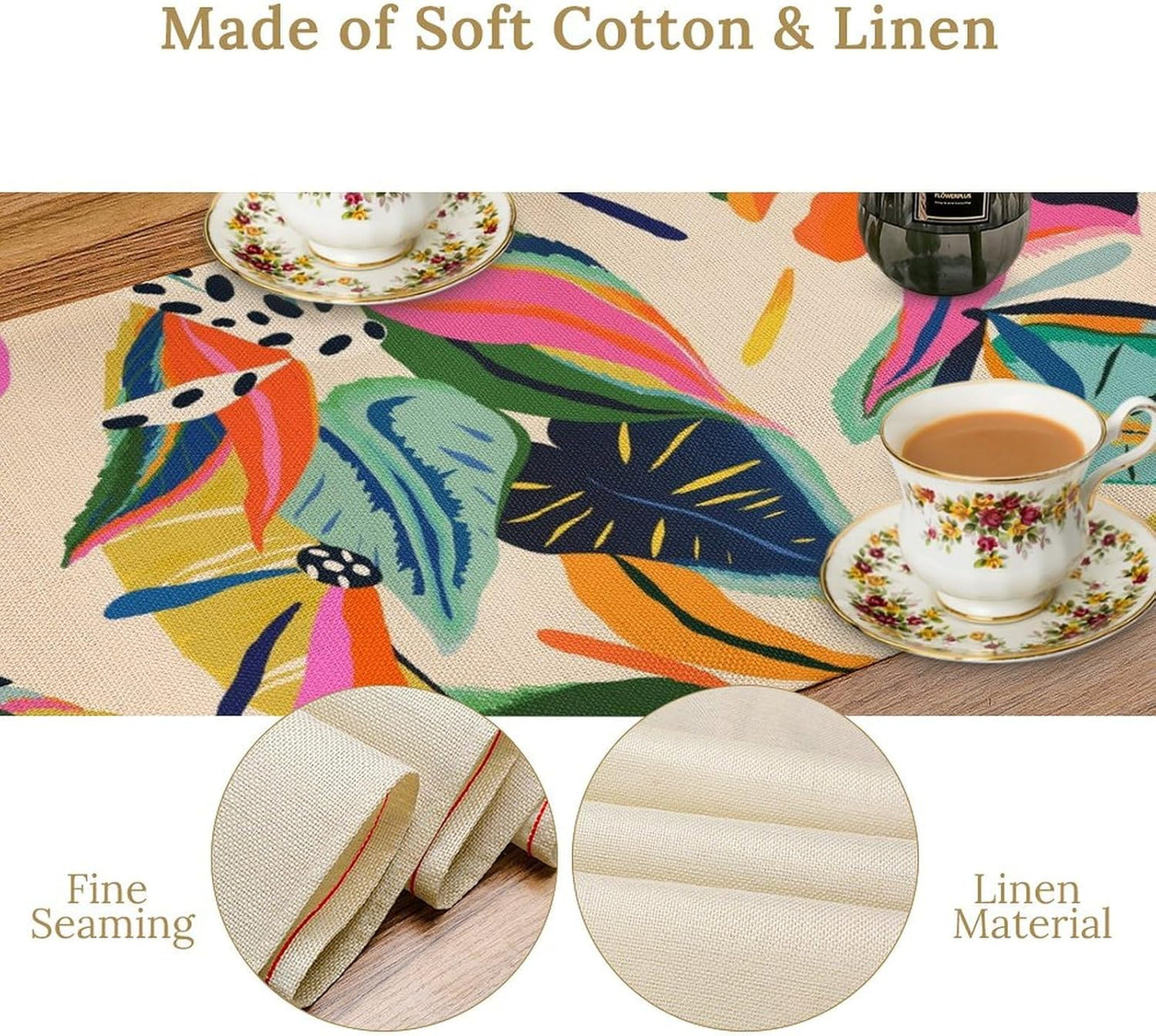 Colorful Flower Table Runner,Abstract Flower Blossom Botanical Pattern Print Tablecloth Burlap for Hotel Indoors Outdoor Dining Room Kitchen Table Decor, 13x80in