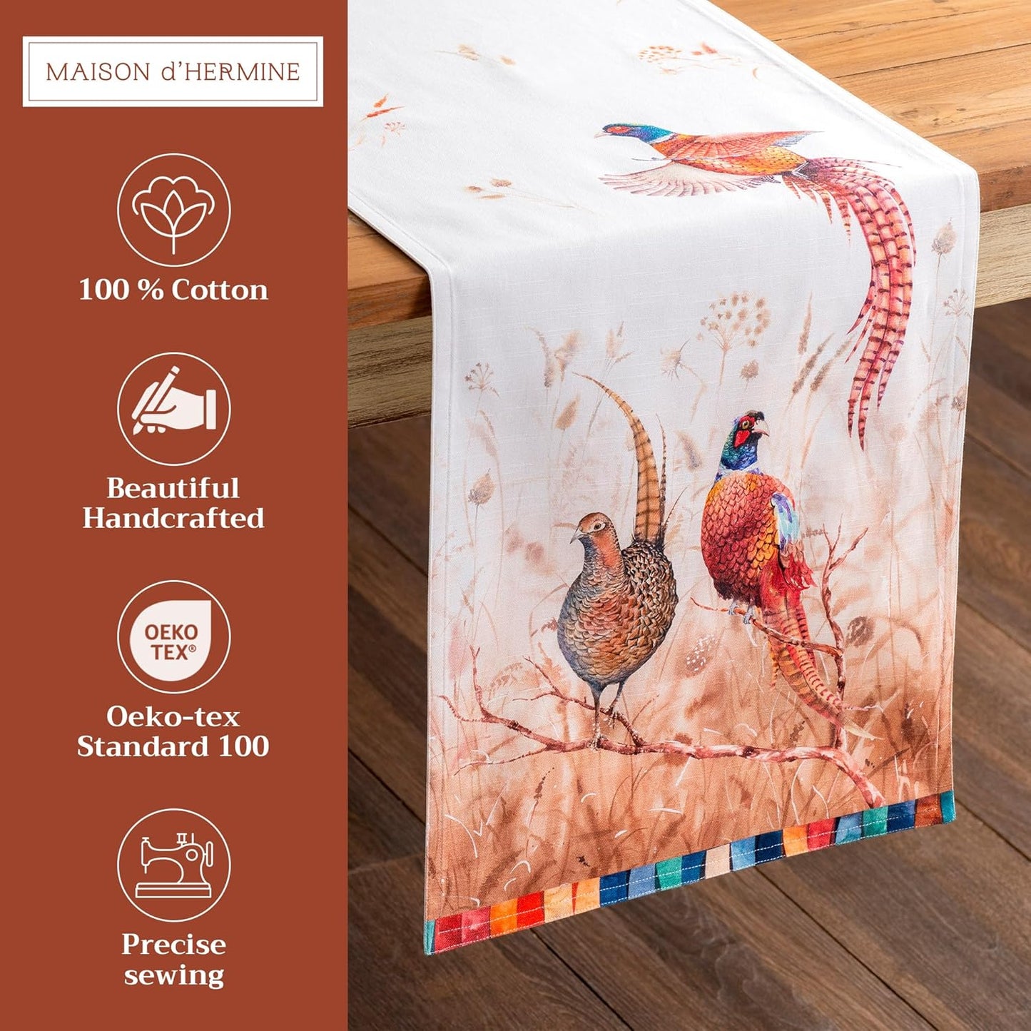 Maison d' Hermine Table Runner 100% Cotton Double Layer Table Runners 72 inches Long for Thanksgiving Christmas Decorations Home Kitchen Dining Party Wedding (Faisan D'Automne, 14.5" x 72")