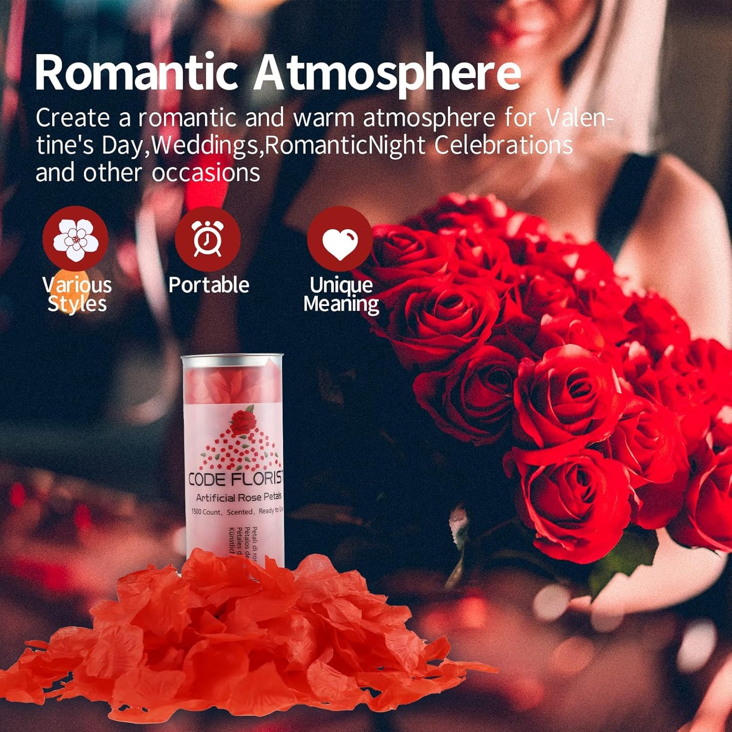 CODE FLORIST 1100 PCS Red Silk Rose Petals for Romantic Night,Wedding,Proposal Anniversary Flower Decorations(Separated,Scented)