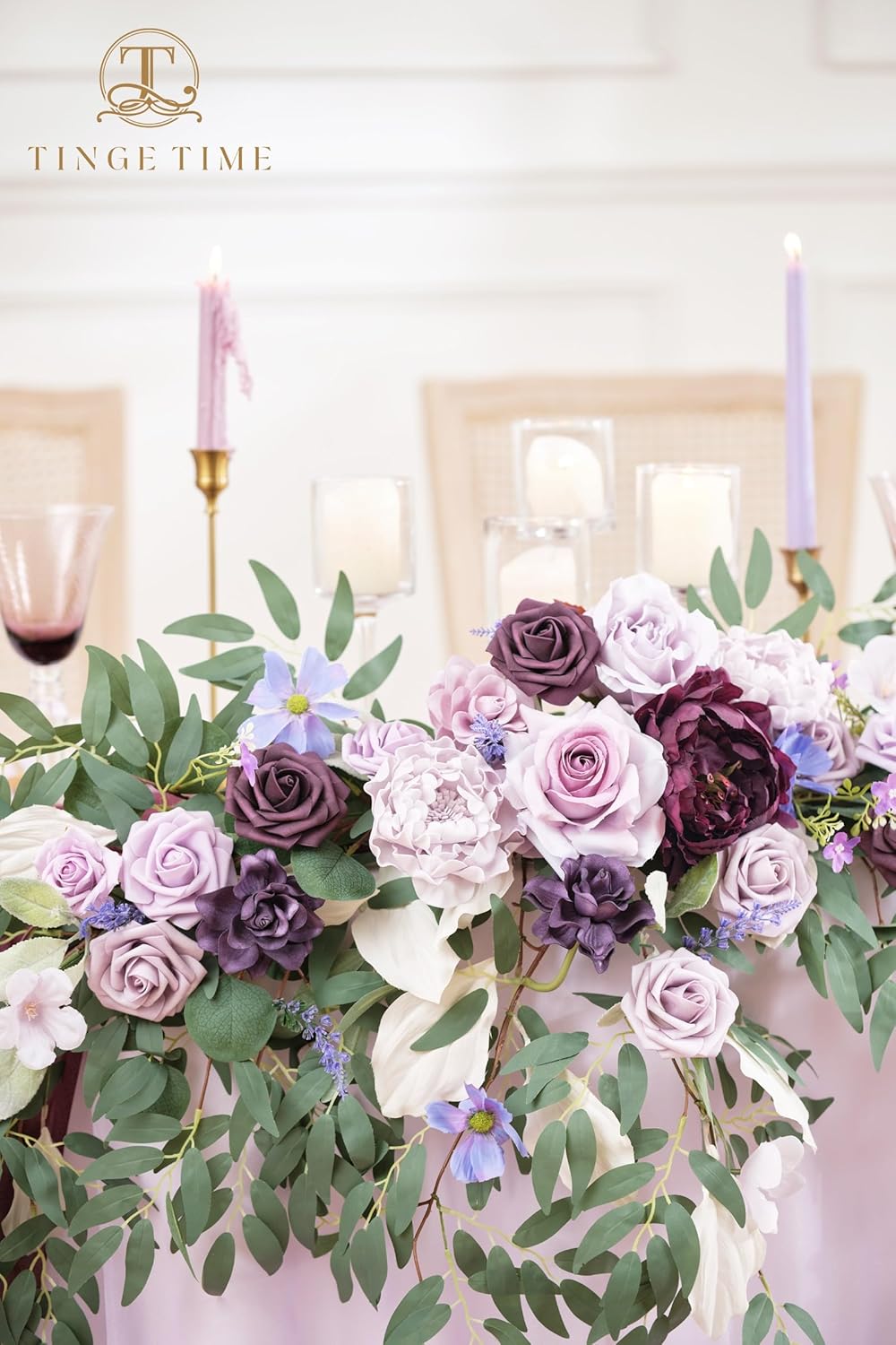 TINGE TIME Artificial Sweetheart Flower Swag with Tablecloth and Table Runner, Pack of 3 Floral Arrangement for Wedding Sweetheart Table Centerpiece Decoration (Lavender & Plum)