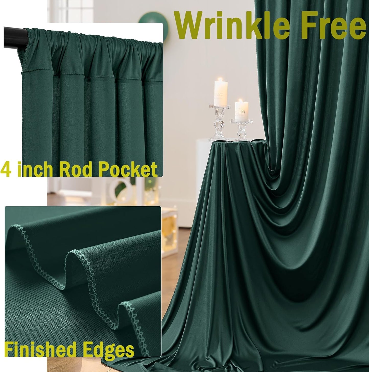 20ftx10ft Wrinkle Free Hunter Green Backdrop Curtains for Party Background, 4 Panels Silky Fabric Green Photo Backdrop Drapes Back Drop Cloth for Wedding Birthday Photography Baby Shower Decor