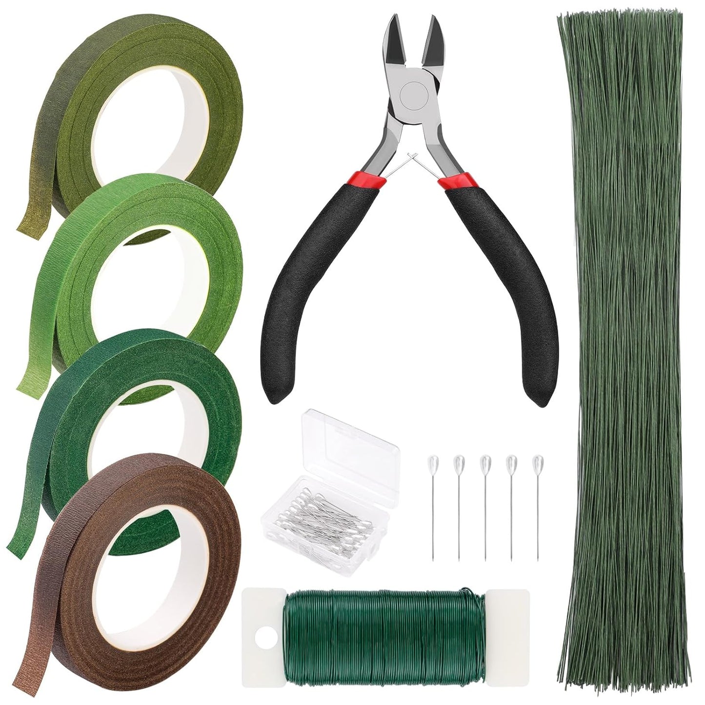 Floral Tape and Wire, Green Floral Tape, Arrangement Tools Kit with Wire Cutter, 22 Guage Paddle Wire 26 Gauge Flower Wire Set, Boutonniere Pin for Bouquets, Crafts, Wrap Florist