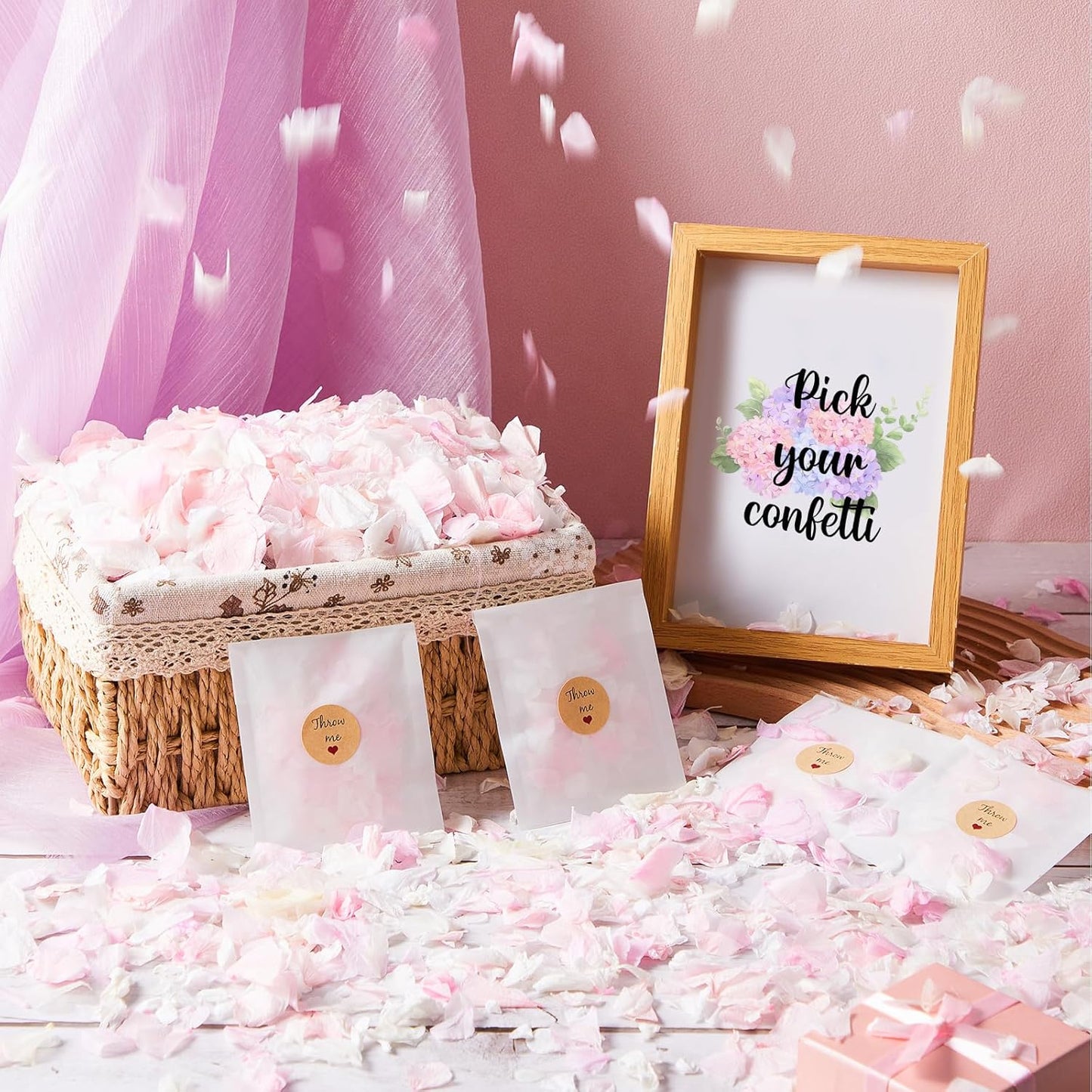 Biodegradable Confetti, Dried Hydrangea Flower Petals with Throw Me Stickers Wedding Confetti Biodegradable Flower Petals for Wedding Ideas Valentines Day Decor(Pink White,55 Pcs)
