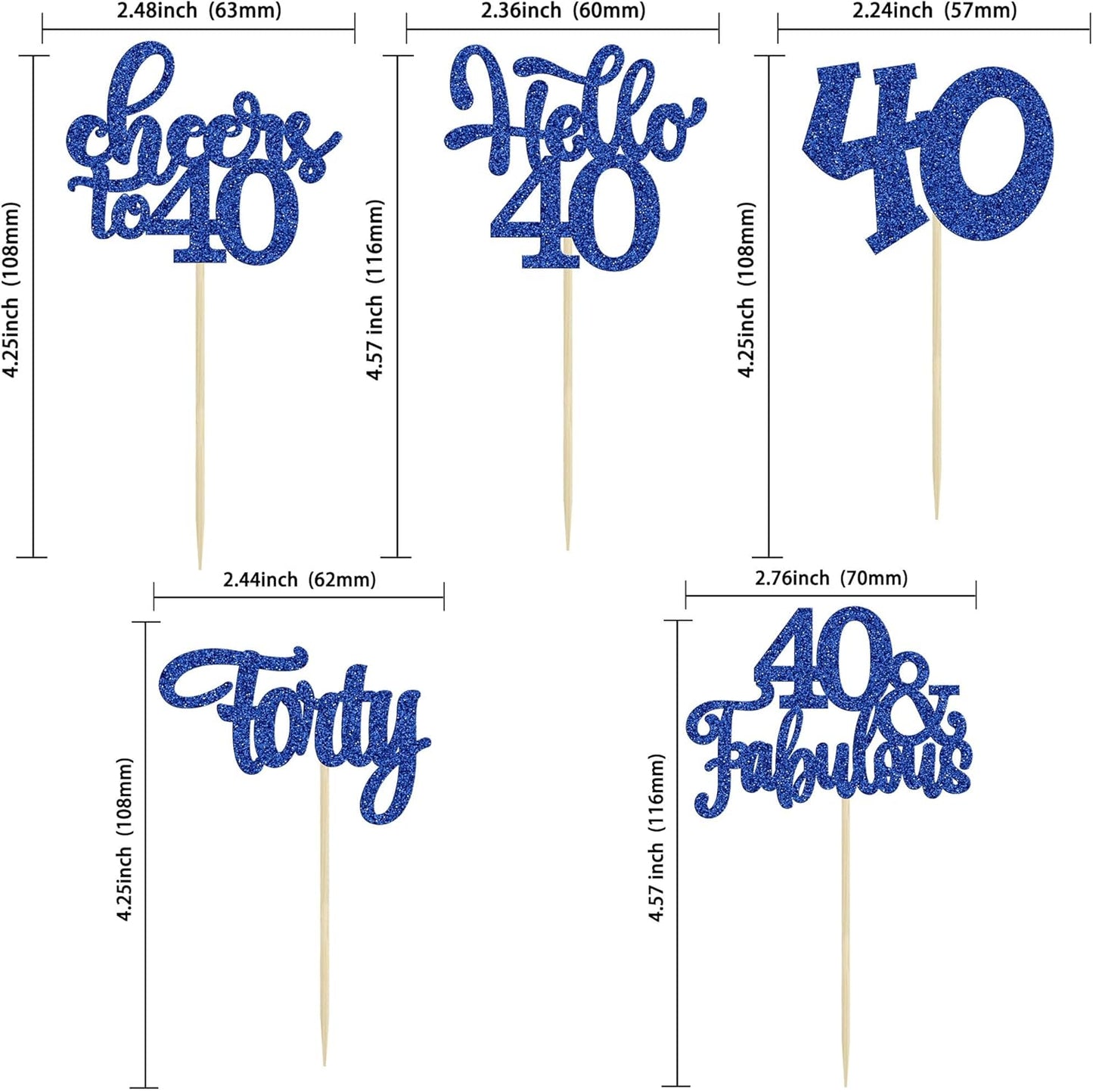 30pcs Happy 40th Birthday Cupcake Toppers - Deep Blue Glitter Forty Cheers to 40 Years Old Cupcake Picks for Anniversary Party Cake Decorations