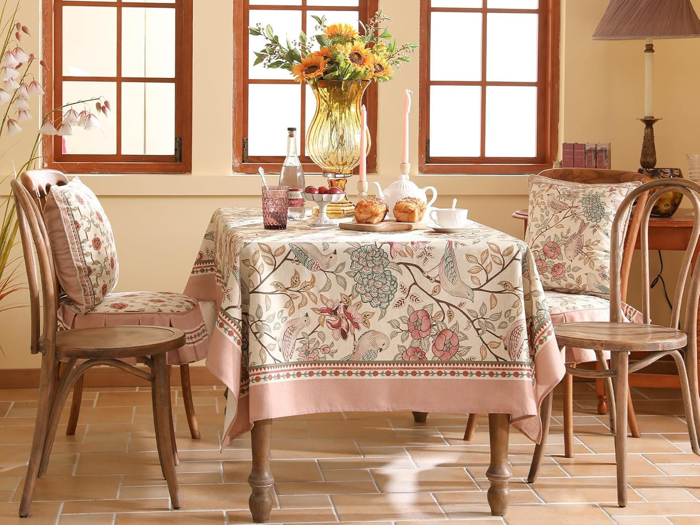 patdrea Designer Pink Linen Table Cloth for Rectangle Table,Vintage Floral with Birds Pattern Decorative Tablcloth,French Table Cover for Kitchen Dining,Thanksgiving,Christmas,63"x87"-Kulom a
