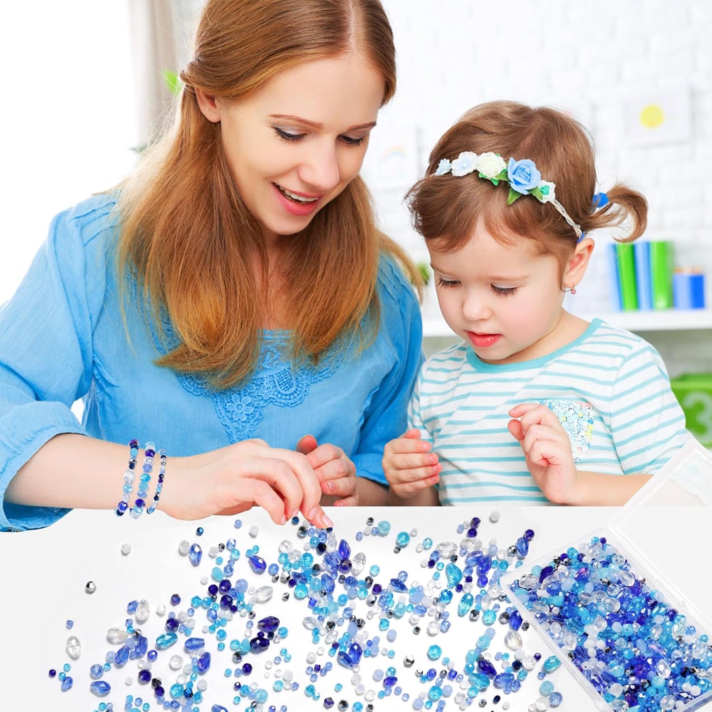 Glass Beads for Jewelry Making -800PCS Blue Crystal Beads for Bracelet Making Kit, Assorted Round Rondelle Gemstone Beads for DIY Crafts,Friendship Bracelets（Blue）