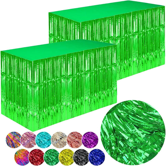 Green Streamers Party Decorations, 2 Packs Green Table Skirts Metallic Foil Fringe Tinsel for Birthday Dinosaur Animal St Patrick's Day Football Mardi Gras Graduation Party Supplies -29x108Inch